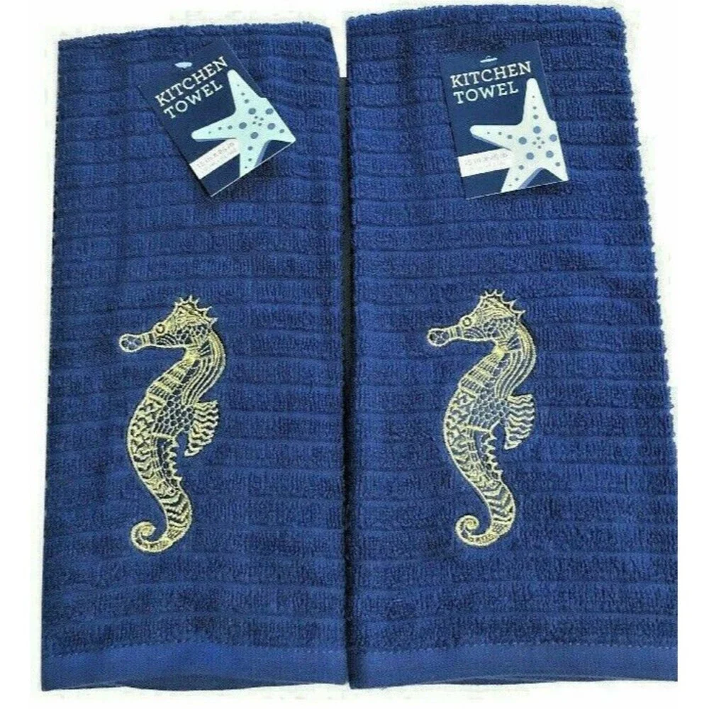 Seahorse Navy Nautical Dish Towels Gold Embroidered Beach House Set of 2